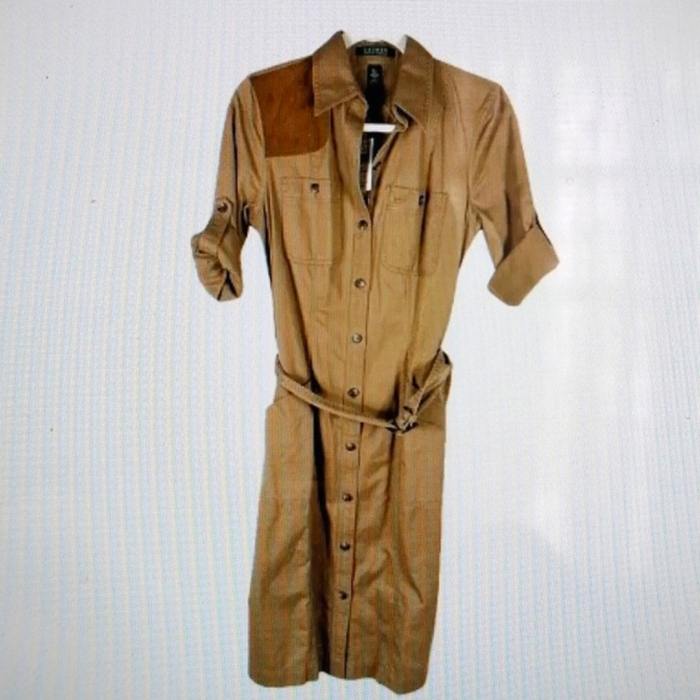 Ralph Lauren Safari Dress Western Camp With Suede Patchs Tan Size Medium